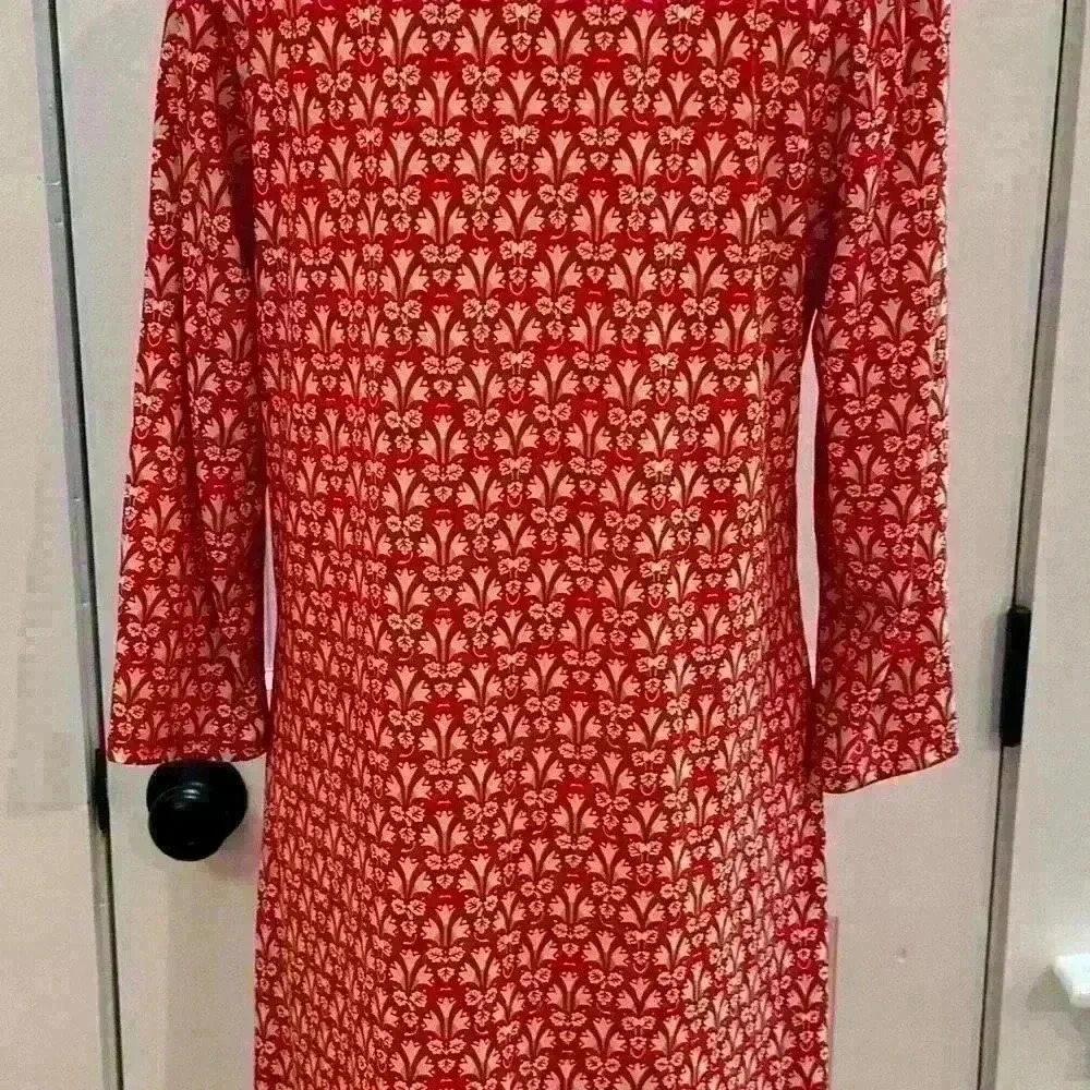 Max Studio Red Cream Damask Floral Print 3/4 Sleeve Shift Dress Large - Picture 6 of 9